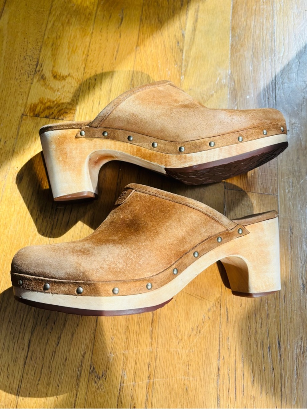 UGG Tan Suede Studded Wooden Clog Mules - Picture 2 of 10